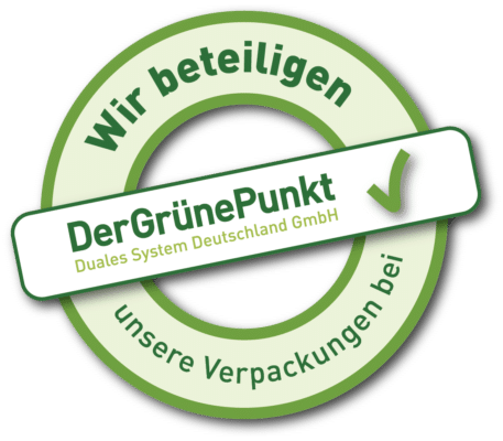 Wir sind Mitglied beim Grünen Punkt. Mit diesem Logo möchten wir zeigen, dass wir Kunde bei Der Grüne Punkt – Duales System Deutschland GmbH sind und unsere Verkaufsverpackungen für Deutschland am dualen System Der Grüne Punkt beteiligen.
