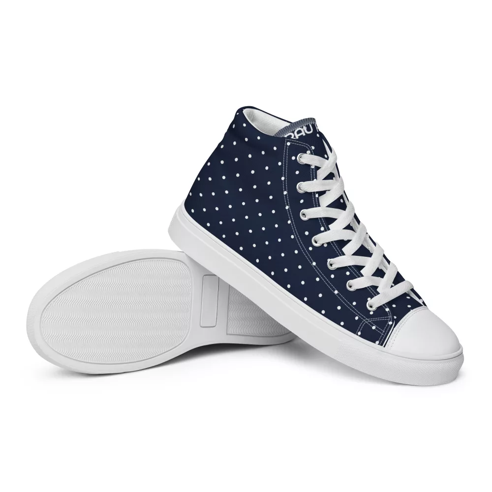 Damen High Top Sneaker in Dunkelblau mit weißen Punkten. Exklusiv bei Frau Hippe. Aus Leinen, super bequem & auf Bestellung gefertigt.